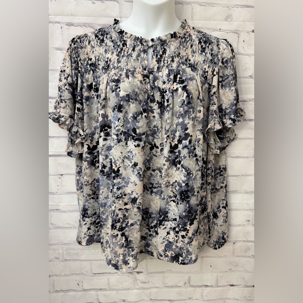 Rose + Olive Plus 3X Blue‎ Smocked Neck Blouse Top Popover Cottagecore Tunic